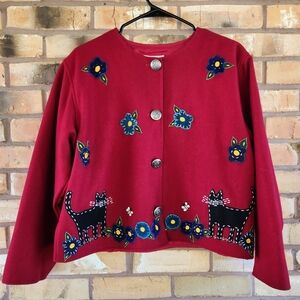 Vintage Cat Red Wool Blend Embroidered Jacket Cottagecore